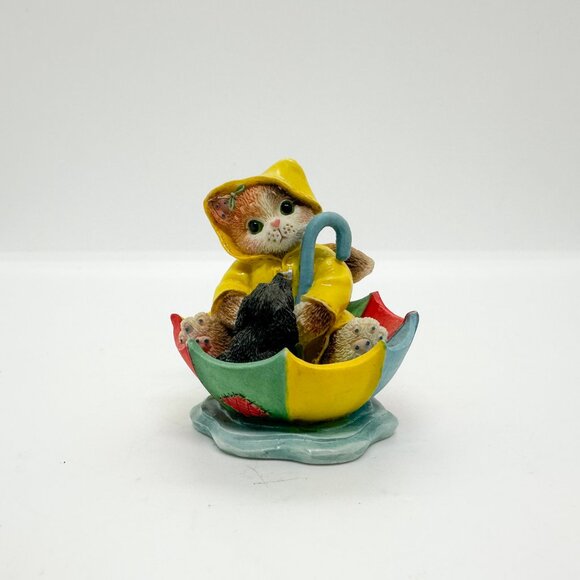 Vtg Calico Kittens Enesco Cat Cats April Showers Rain Umbrella Duck Dog Water - Picture 12 of 16